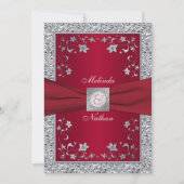 Rood, Silver FAUX Folie Monogram bruiloft uitnodig Kaart (Voorkant)