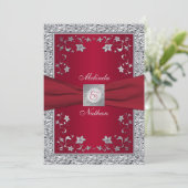 Rood, Silver FAUX Folie Monogram bruiloft uitnodig Kaart (Staand voorkant)