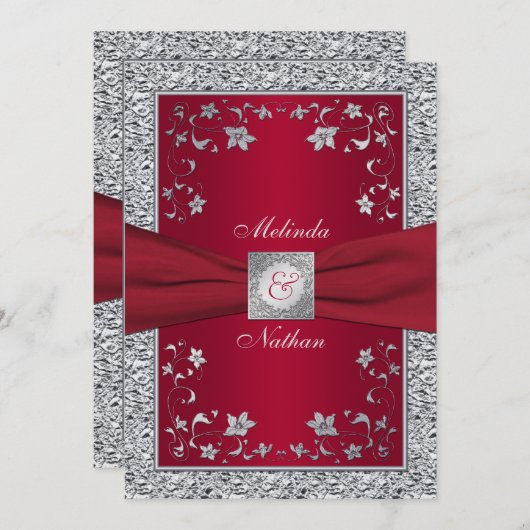 Rood, Silver FAUX Folie Monogram bruiloft uitnodig Kaart (Voorkant / Achterkant)