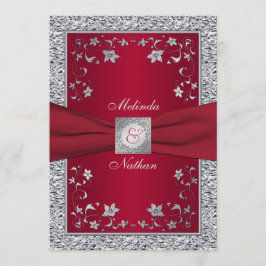 Rood, Silver FAUX Folie Monogram bruiloft uitnodig Kaart