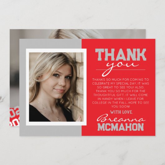 Rood & Silver Grey Modern Afstuderen Dank je kaart (Voorkant / Achterkant)