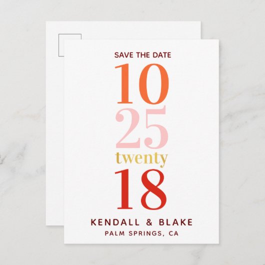 Rood, Sinaasappel en Roze Minimalist Save the Date Aankondigingskaart (Voorkant / Achterkant)