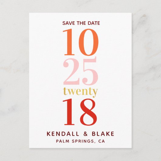 Rood, Sinaasappel en Roze Minimalist Save the Date Aankondigingskaart (Voorkant)