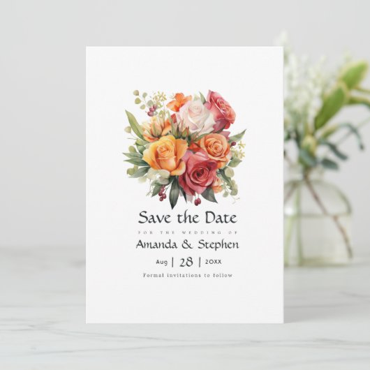 Rood, Sinaasappel en Salie Bloemen Save The Date (Staand voorkant)