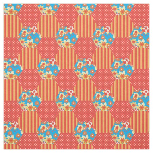 Rood Sinaasappel Geel Blauw Faux Patchwork Patroon Stof (Swatch)