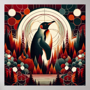 Rood Sinaasappel Keizer Pinguïn Retro Tree Geometr Poster