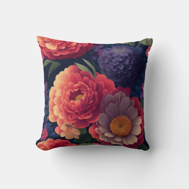   rood Sinaasappel paarse mum pioen bloemig Kussen (Voorkant)