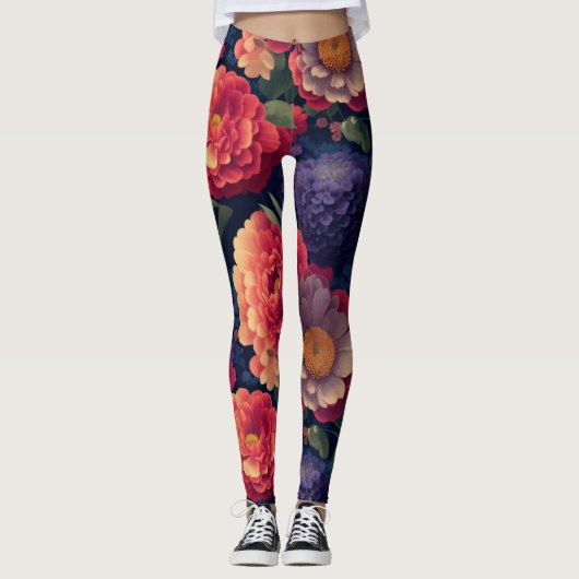 rood Sinaasappel paarse mum pioen bloemig Leggings (Voorkant)