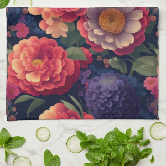   rood Sinaasappel paarse mum pioen bloemig Theedoek (Gevouwen)