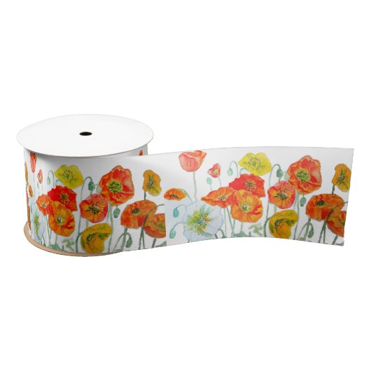 Rood Sinaasappel Poppy Aquarel Bloemlint Satijnen Lint (Spoel)