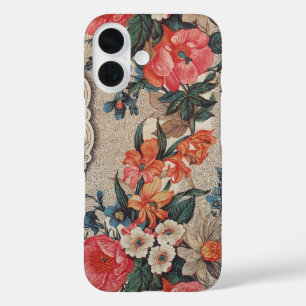  rood sinaasappel wit bloempatroon iPhone 16 hoesje