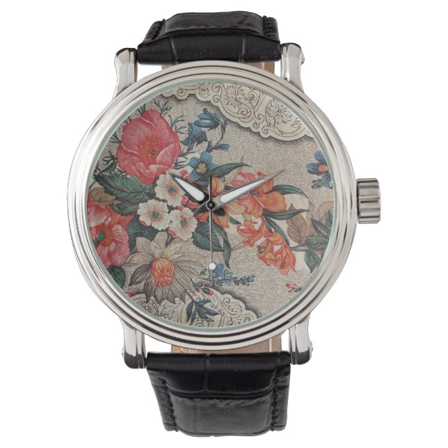  rood sinaasappel wit bloempatroon horloge (Voorkant)