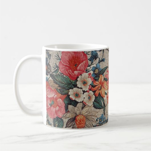 rood sinaasappel wit bloempatroon koffiemok (Links)