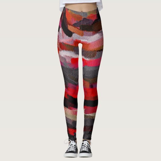 Rood Sinaasappel Zwart Abstract Schilderen Leggings (Voorkant)