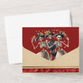 Rood skelet bruid bruidegom gothic bruiloft all in one uitnodiging (Achterkant)