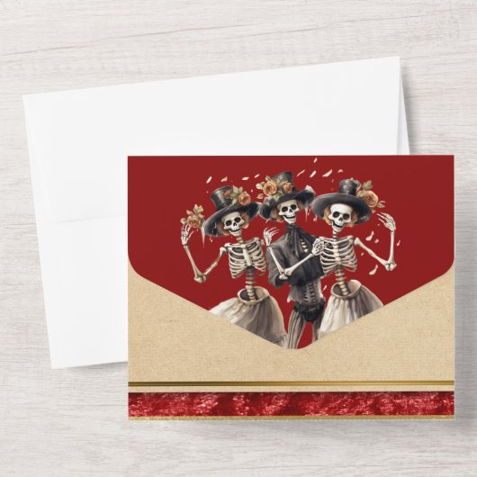 Rood skelet bruid bruidegom gothic bruiloft all in one uitnodiging (Achterkant)