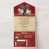 Rood skelet bruid bruidegom gothic bruiloft all in one uitnodiging (Binnen)