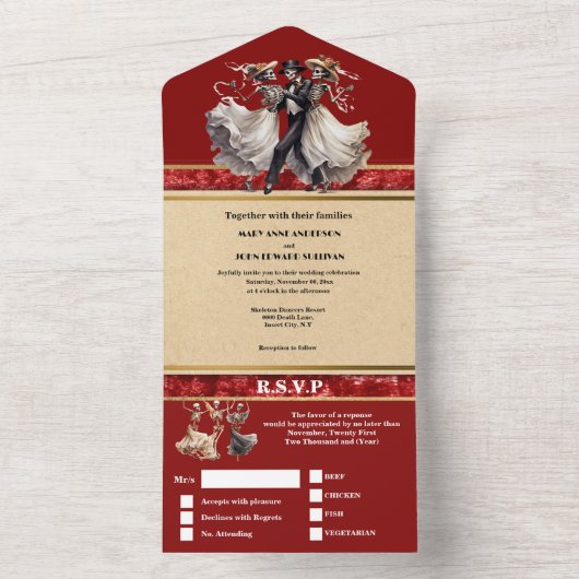 Rood skelet bruid bruidegom gothic bruiloft all in one uitnodiging (Binnen)