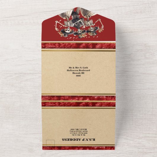 Rood skelet bruid bruidegom gothic bruiloft all in one uitnodiging (Buitenkant)