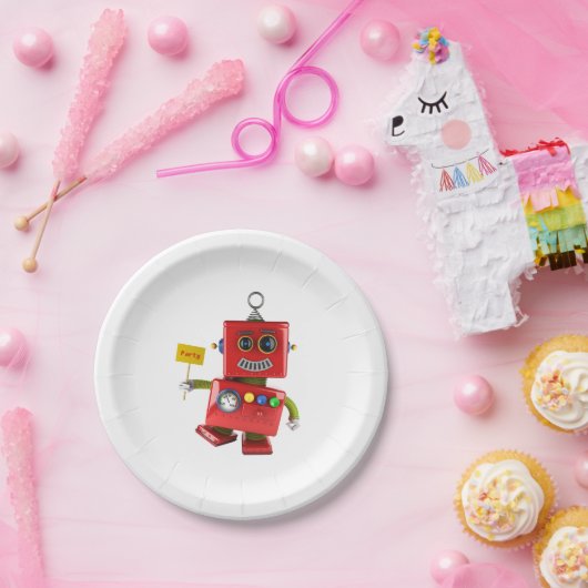 Rood-speelgoed robot dansen met partijnummer papieren bordje (Feest)