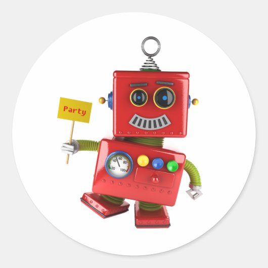 Rood-speelgoed robot dansen met partijnummer ronde sticker (Voorkant)