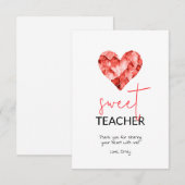 Rood Sweet Teacher Waterverf diamant Hart Bedankkaart (Voorkant / Achterkant)