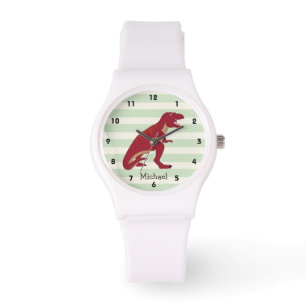 Rood T-Rex op pastel groene strepen Horloge