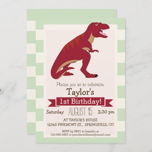 Rood T-Rex op pastel groene strepen Kaart (Voorkant / Achterkant)