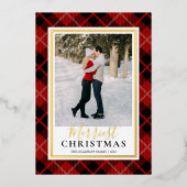 Rood Tartan Prettigst Kerst Foto Folie Feestdagenkaart (Voorkant)