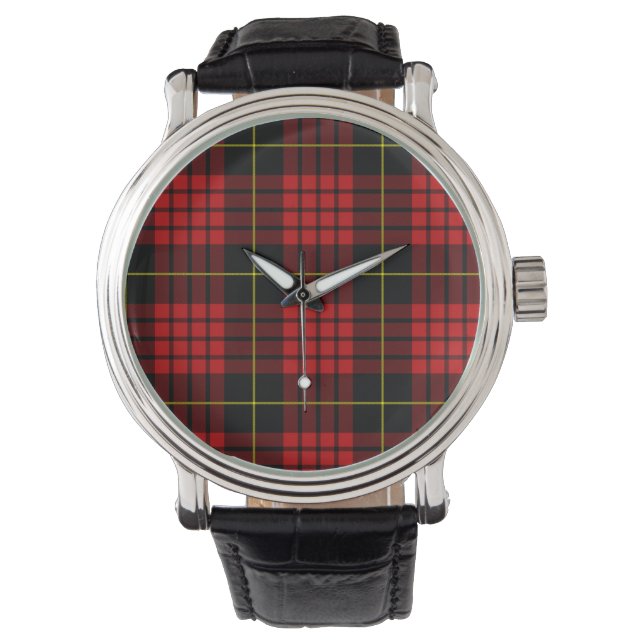 Rood Tartan  zwarte lederen riem horloge (Voorkant)
