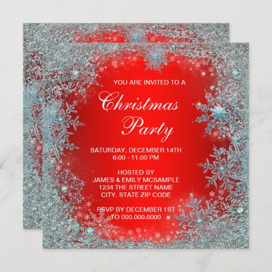 Rood Teal Blauw Sneeuwvlok Kerstfeestje Kaart (Voorkant / Achterkant)