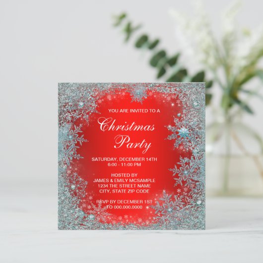 Rood Teal Blauwe Sneeuwvlok Kerstfeestje Kaart (Staand voorkant)