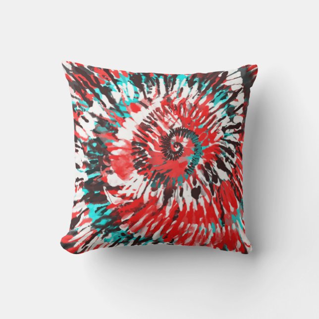 Rood Teal Zwart Wit & Grijs Tie Dye Kussen (Voorkant)