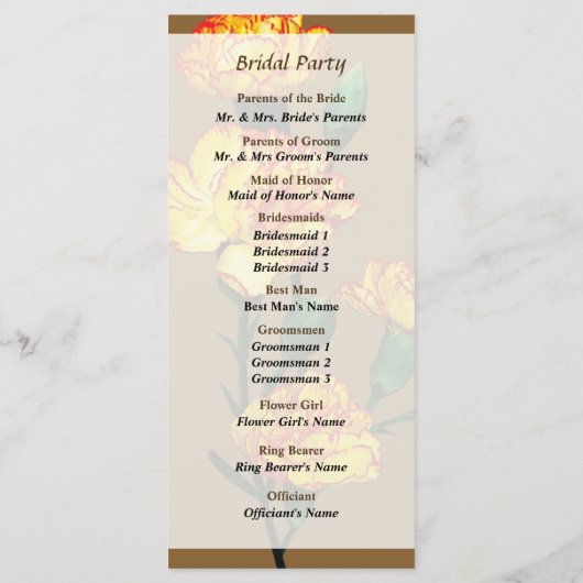 Rood-Tipped Yellow Carnards Wedding Programme Programmakaart (Achterkant)