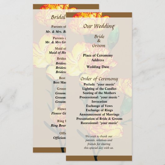 Rood-Tipped Yellow Carnards Wedding Programme Programmakaart (Voorkant / Achterkant)