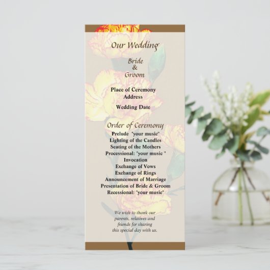 Rood-Tipped Yellow Carnards Wedding Programme Programmakaart (Staand voorkant)