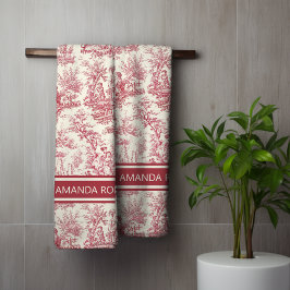  rood Toile de Jouy gedrukt Bad Handdoek