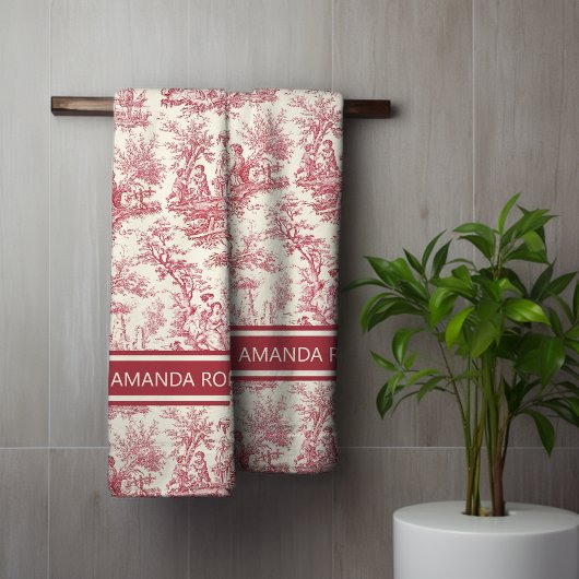  rood Toile de Jouy gedrukt Bad Handdoek