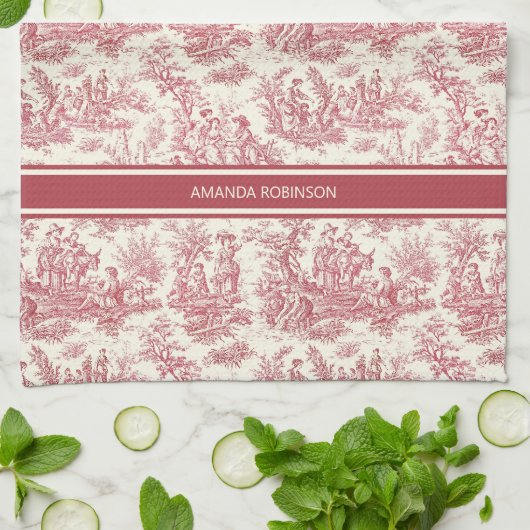  rood Toile de Jouy gedrukt Theedoek (Gevouwen)