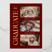 Rood Trendy Serif Meerdere Foto Afstuderen Folie Uitnodiging (Voorkant)