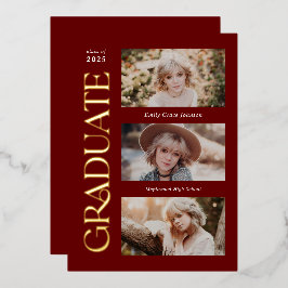 Rood Trendy Serif Meerdere Foto Afstuderen Folie Uitnodiging