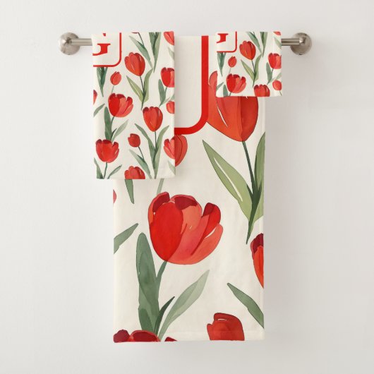 Rood tulpenpatroon gepersonaliseerd monogram bad handdoek (Insitu)