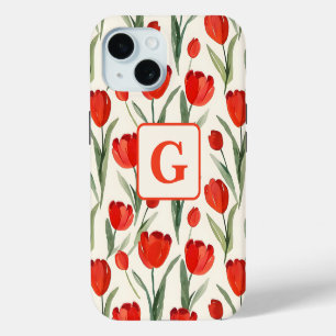 Rood tulpenpatroon gepersonaliseerd monogram iPhone 15 case