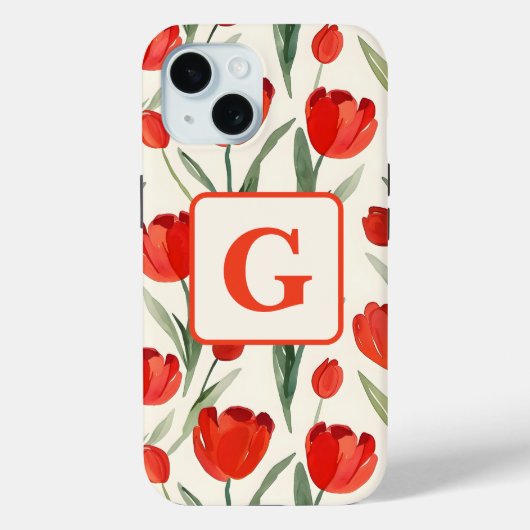 Rood tulpenpatroon gepersonaliseerd monogram Case-Mate iPhone case (Achterkant)
