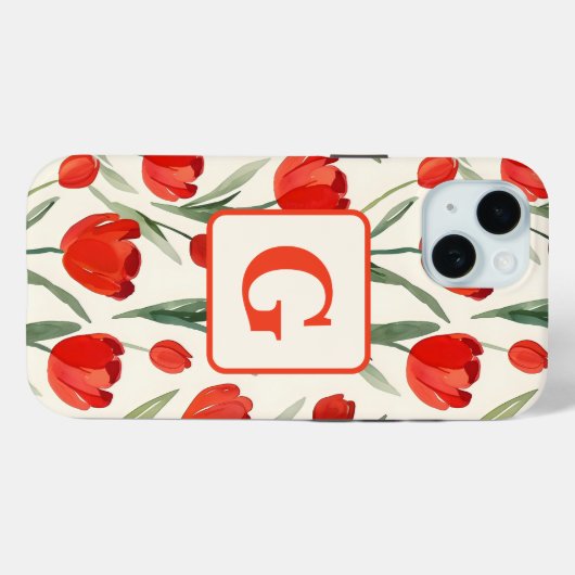 Rood tulpenpatroon gepersonaliseerd monogram Case-Mate iPhone case (Achterkant (horizontaal))