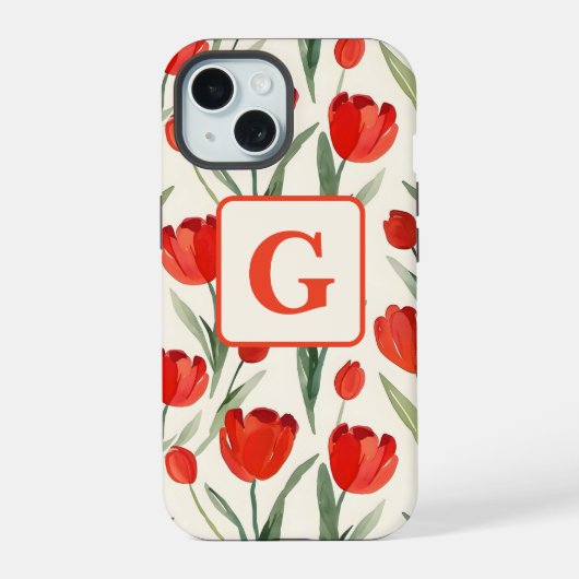 Rood tulpenpatroon gepersonaliseerd monogram iPhone 15 case (Achterkant)