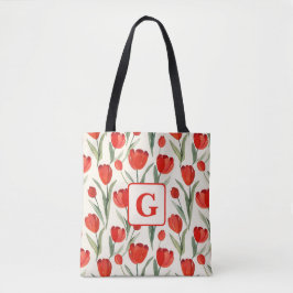 Rood tulpenpatroon gepersonaliseerd monogram tote bag