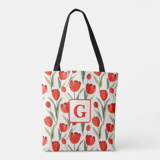 Rood tulpenpatroon gepersonaliseerd monogram tote bag (Achterkant)
