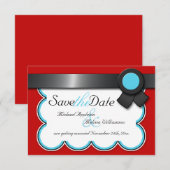 Rood & Turkoois, Zwart lint Save the Date Kaart (Voorkant / Achterkant)