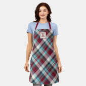 Rood, turquoise, blauw, wit geplakt schort (Gedragen)